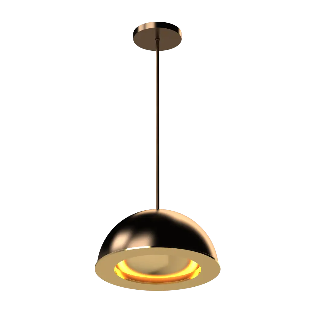 Modern pendant light with a metallic finish on a white background