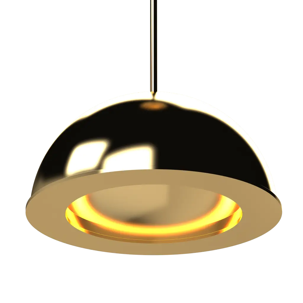 Gold pendant light with black shade on a white background