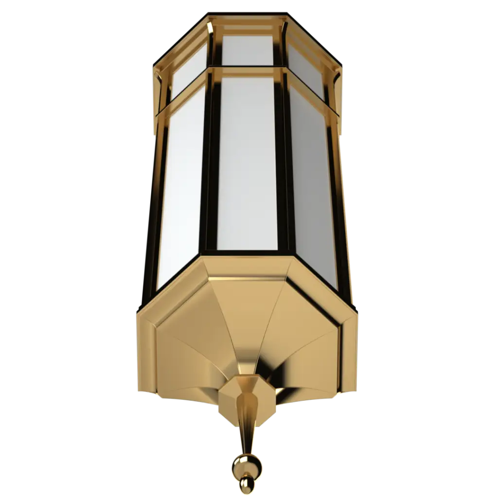 Decorative wall sconce with gold finish and glass panels on a white background