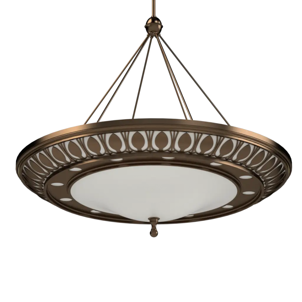 Bronze pendant light fixture with intricate design on a white background