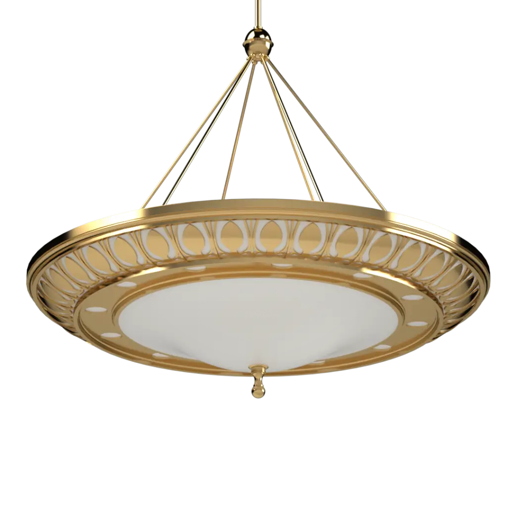 Gold ceiling light fixture with intricate design on a white background