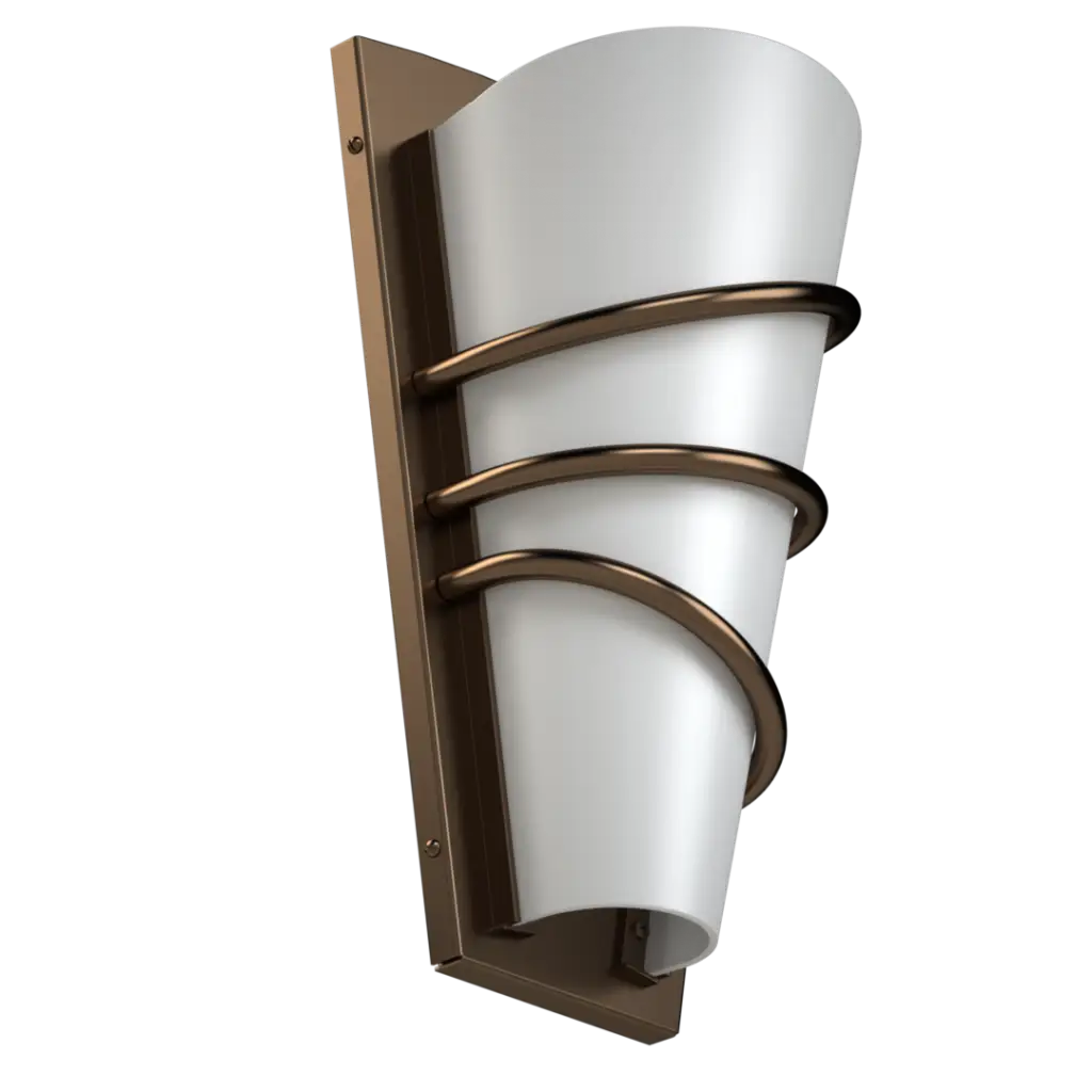 Wall-mounted outdoor light fixture with white glass and bronze metal frame on a white background
