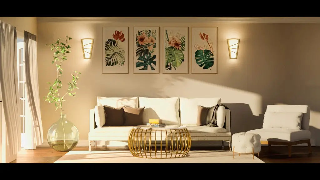 Modern living room with a white sofa, decorative pillows, and wall art.