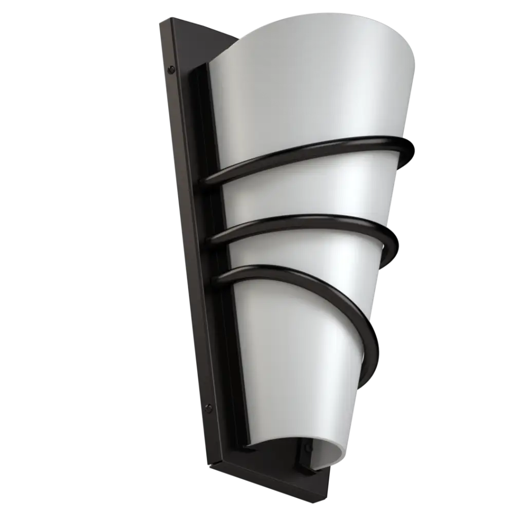 Wall-mounted outdoor light fixture with black frame and white glass on a white background