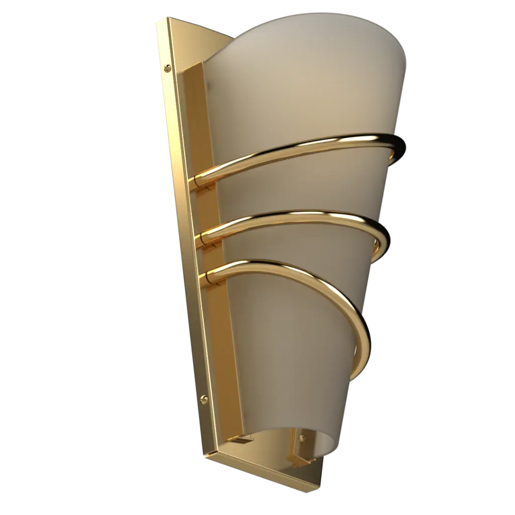 Wall sconce with gold frame and beige glass on a white background