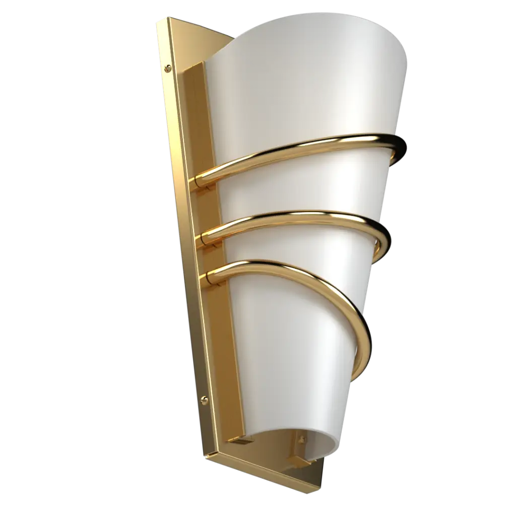 Wall sconce with white glass shade and gold metal frame on a white background