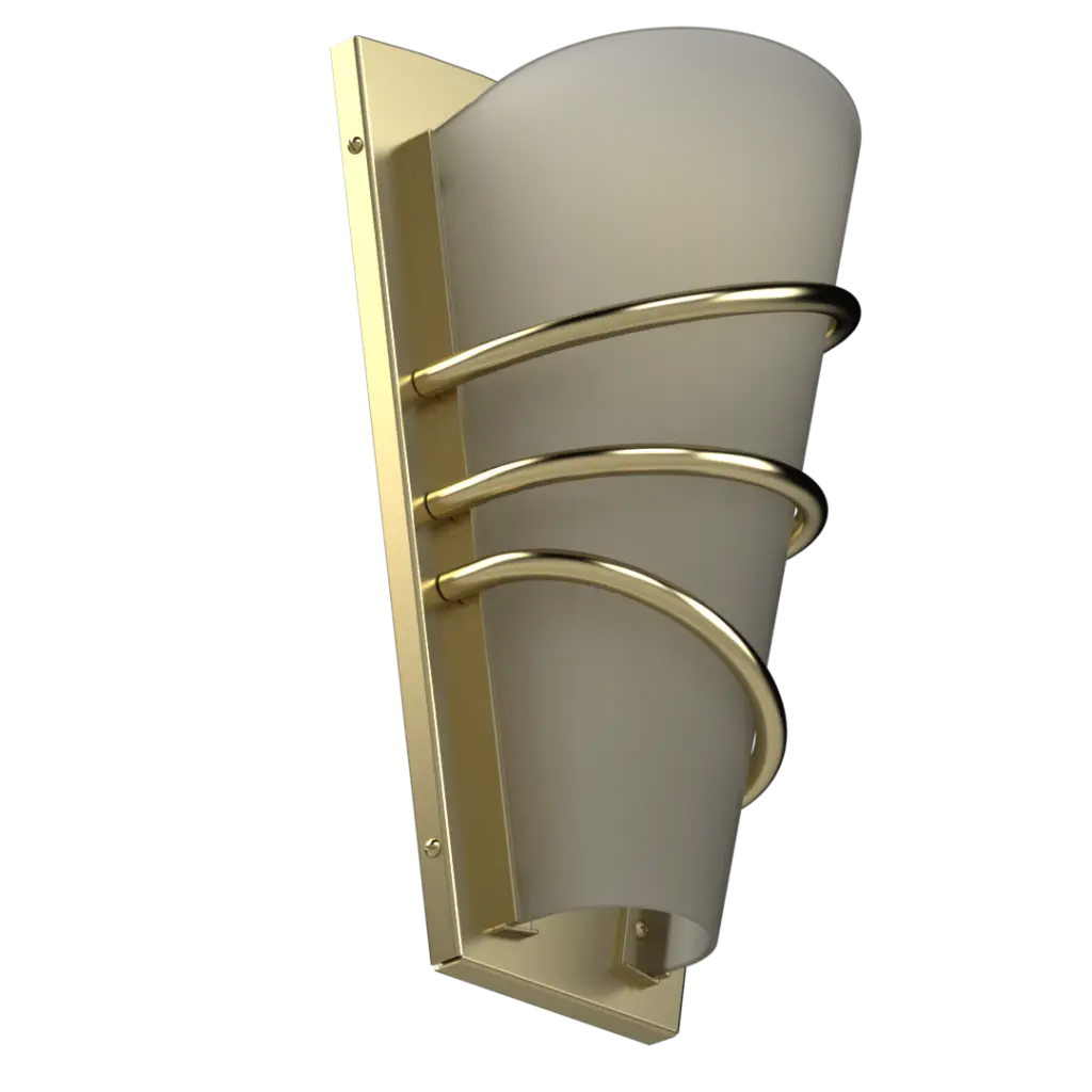 Wall-mounted light fixture with gold frame and white glass on a white background