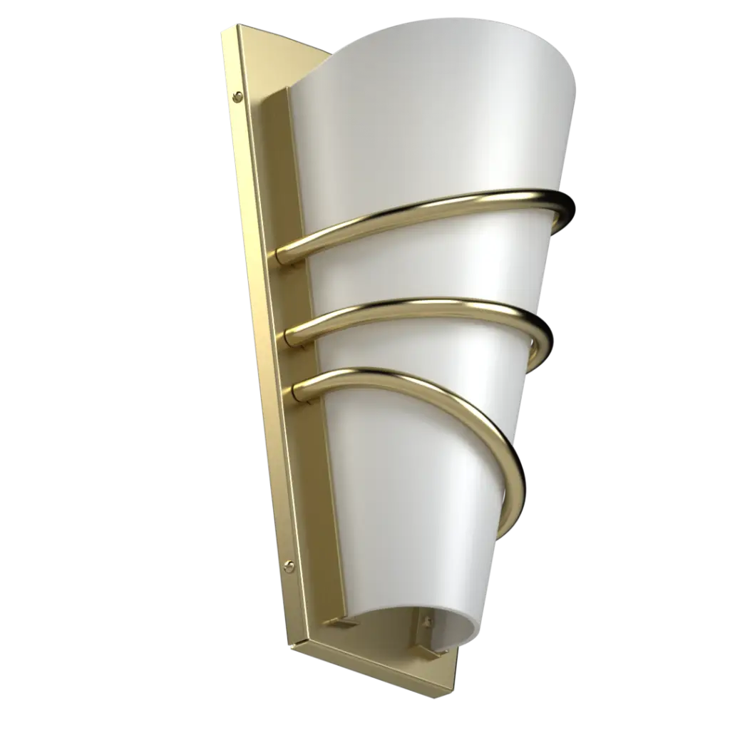 Wall-mounted light fixture with white glass shade and gold metal frame on a white background