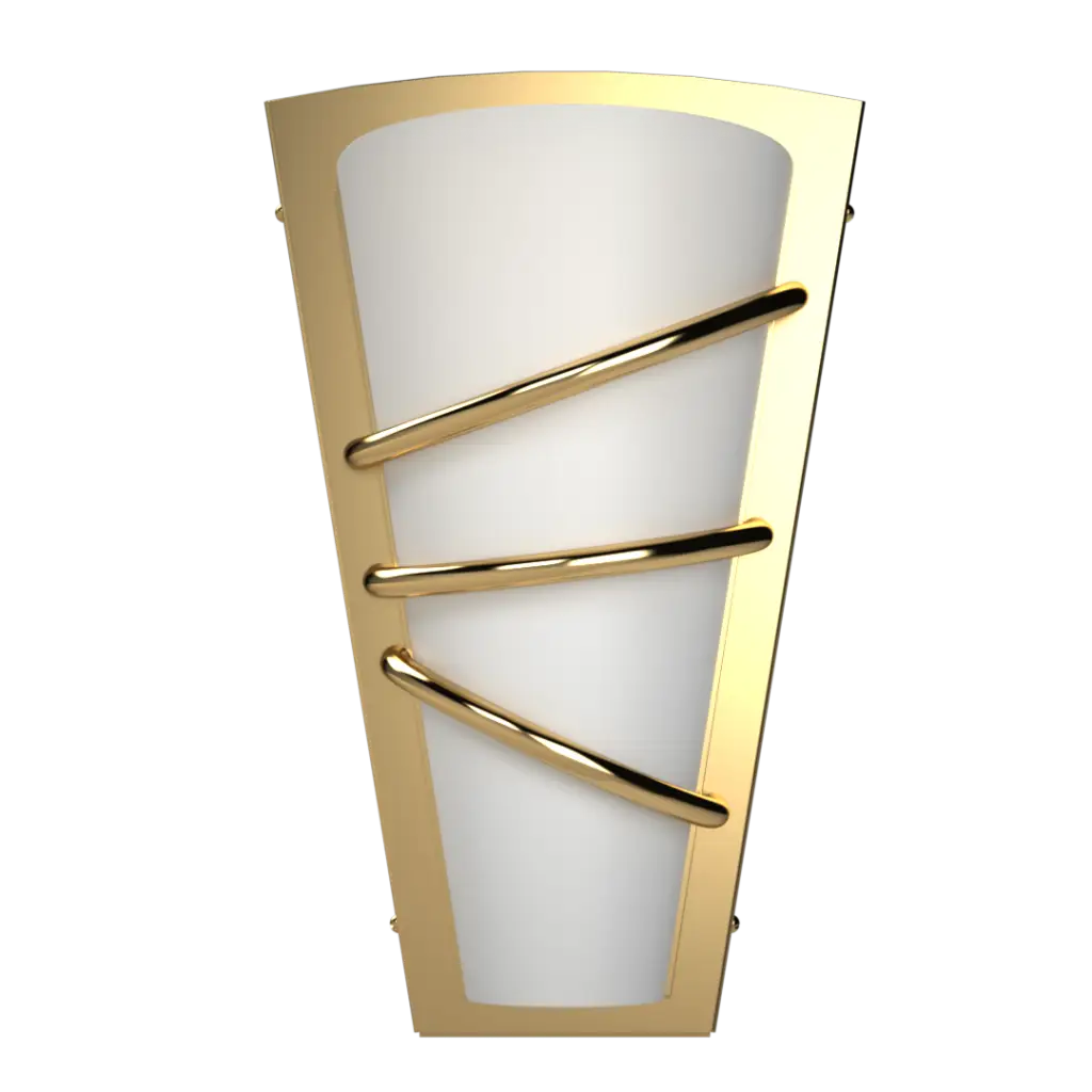 Wall sconce with gold frame and white glass on a white background
