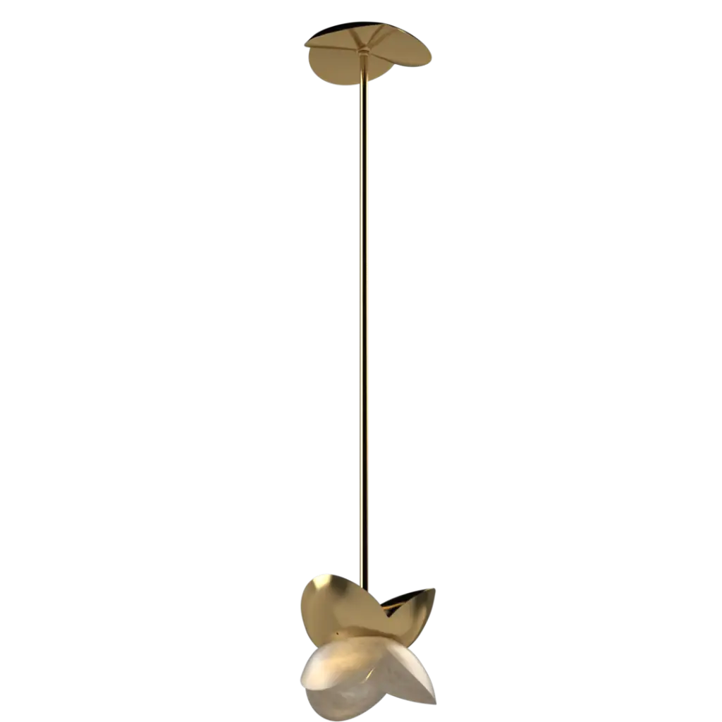 Gold pendant light with a unique design on a white background