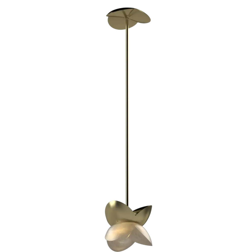Gold pendant light with leaf-like design on a white background