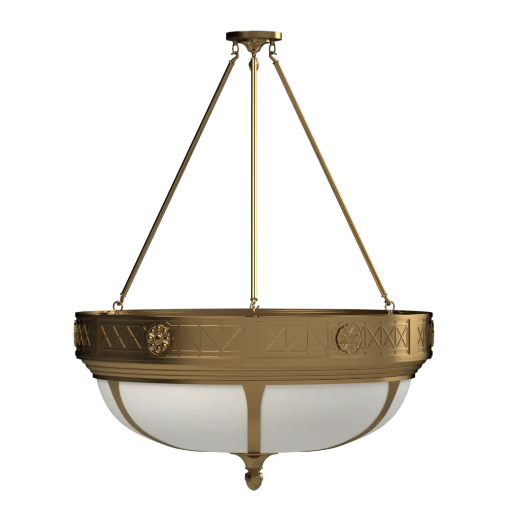 Decorative brass pendant light with white glass shade on a white background