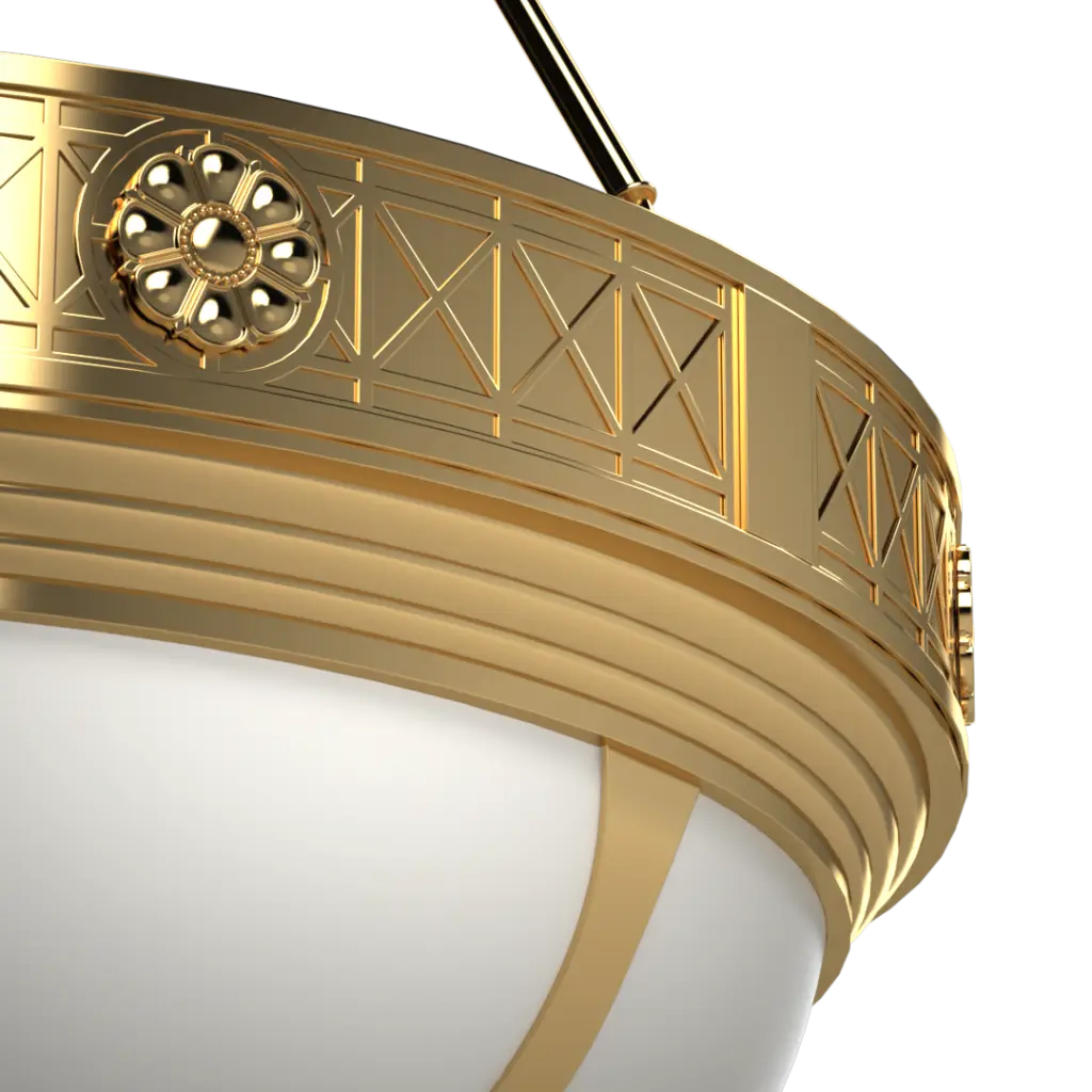 Close-up of a gold decorative light fixture with intricate patterns on a white background