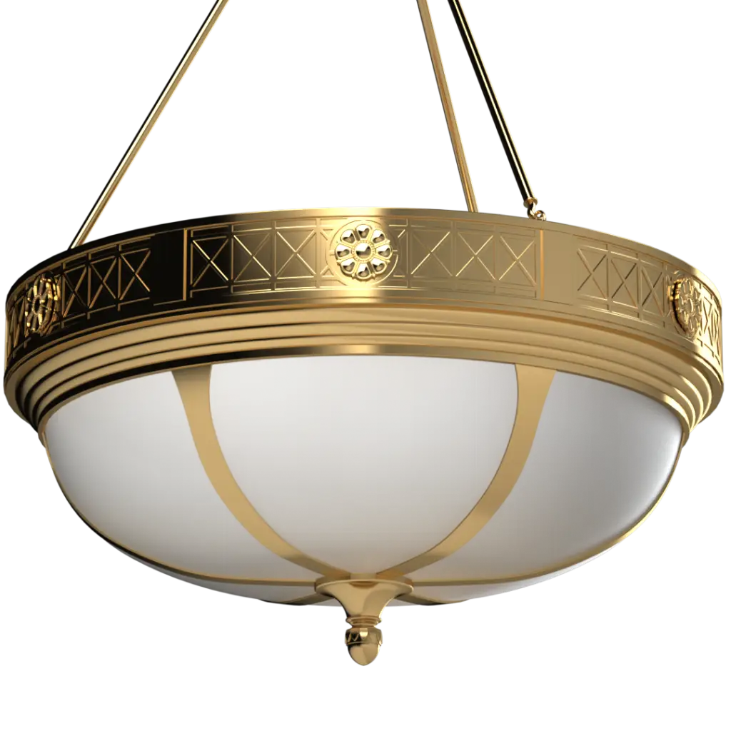 Decorative ceiling light fixture with gold and white design on a white background