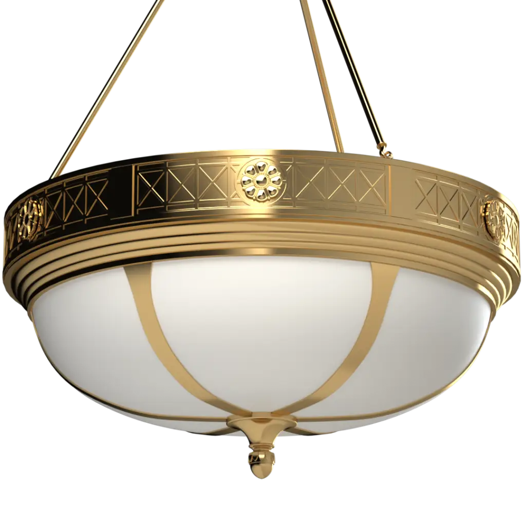 Gold and white pendant light fixture on a white background