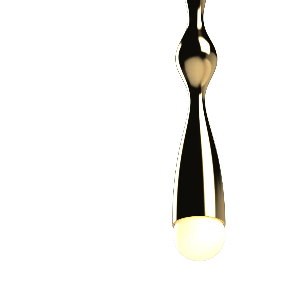 Modern pendant light with a gold finish on a white background