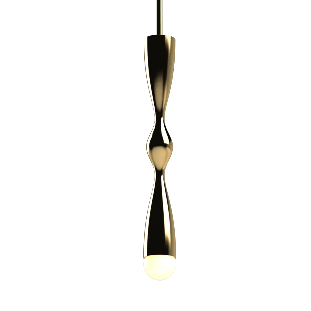 Modern pendant light with a gold finish on a white background