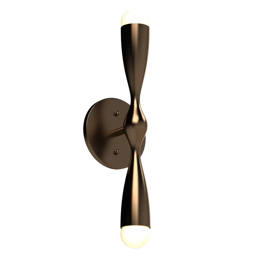 Modern wall sconce with a bronze finish on a white background