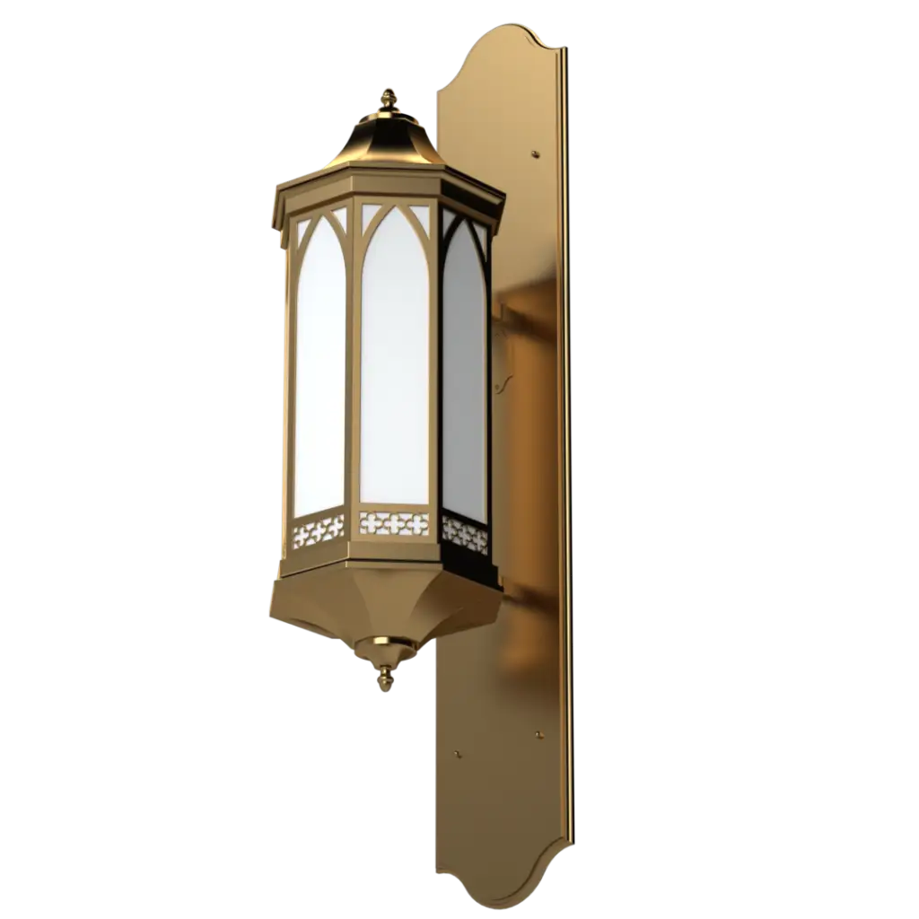 Gold outdoor wall light fixture on a white background