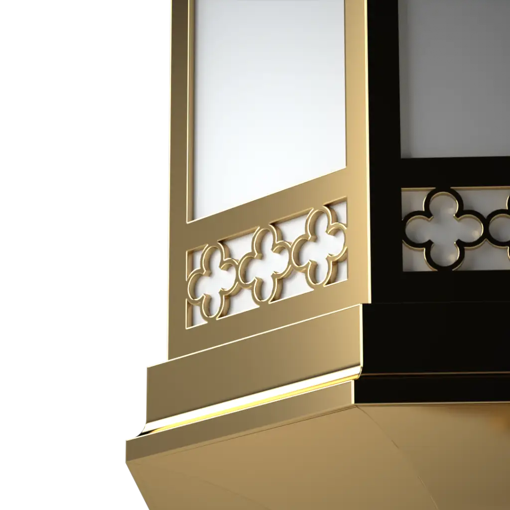 Decorative gold screen with intricate cut-out design on a white background