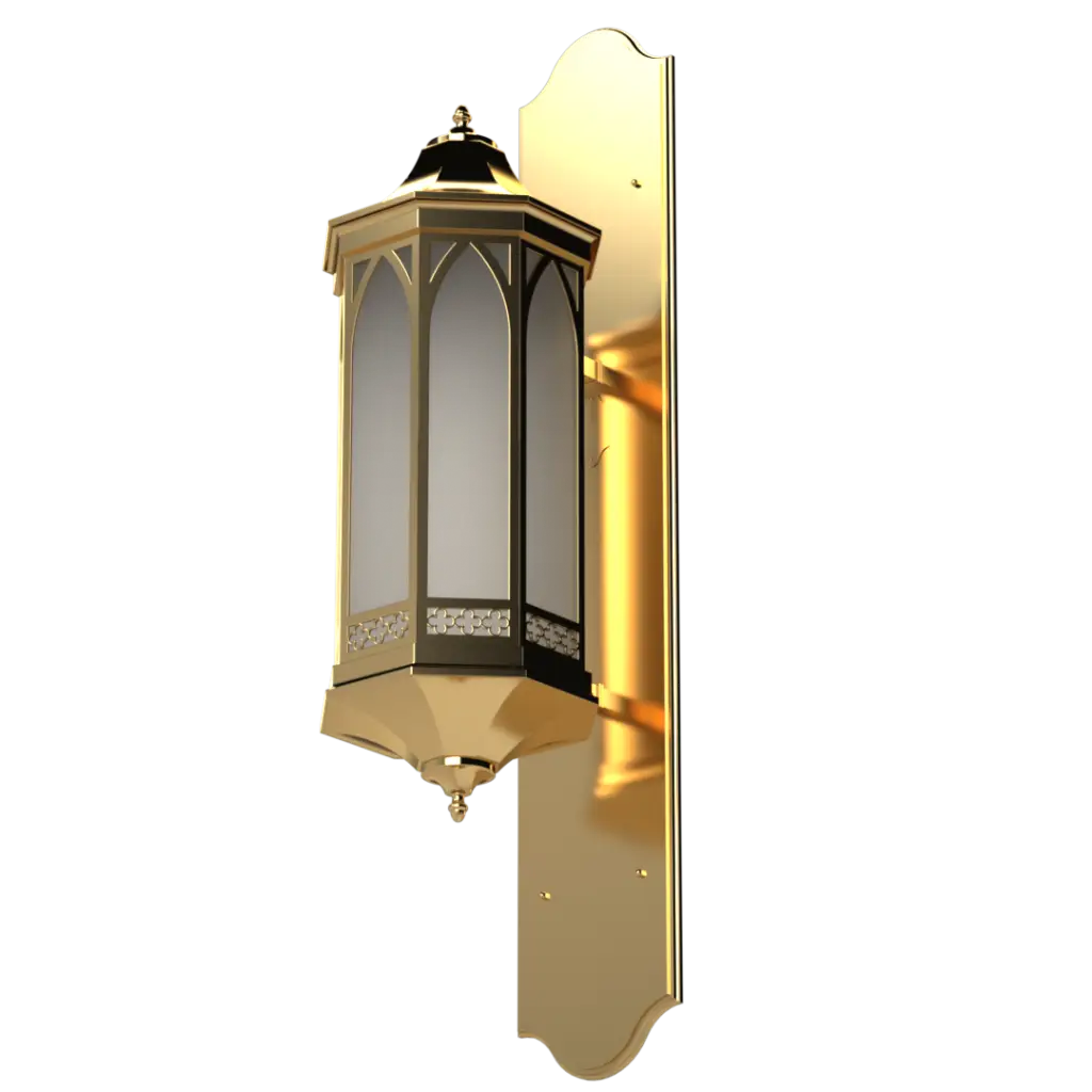 Gold wall-mounted lantern with glass panels on a white background
