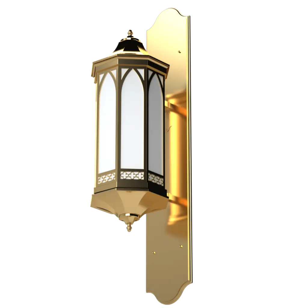 Gold wall-mounted lantern with glass panels on a white background