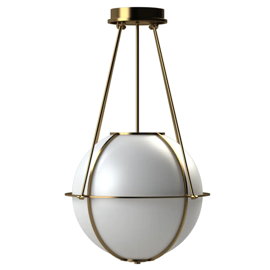 Modern pendant light with white glass shade and gold metal frame on a white background