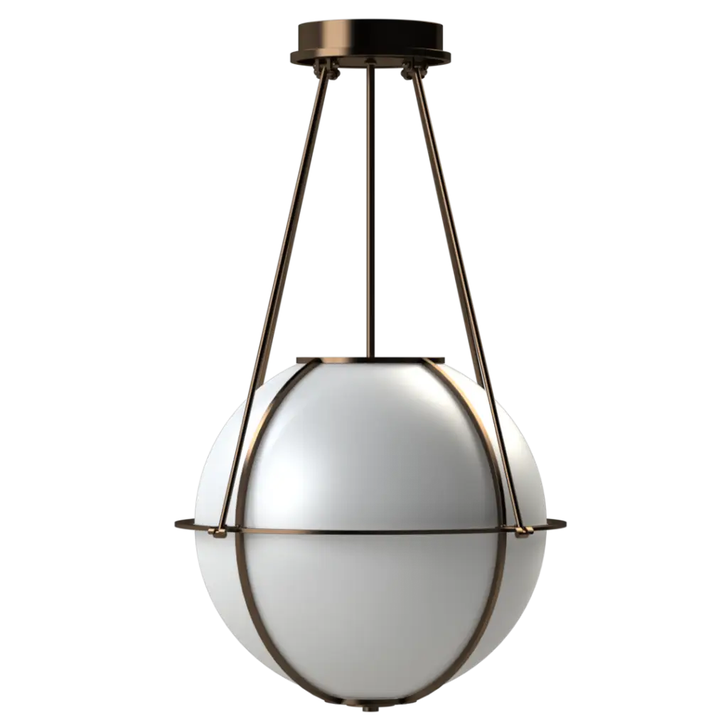 Pendant light with spherical glass shade and bronze metal frame on a white background