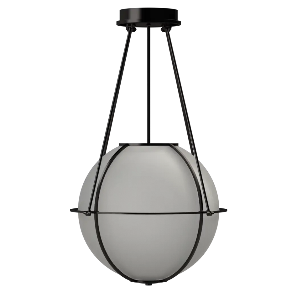 Pendant light with gray glass shade and black metal frame on a white background