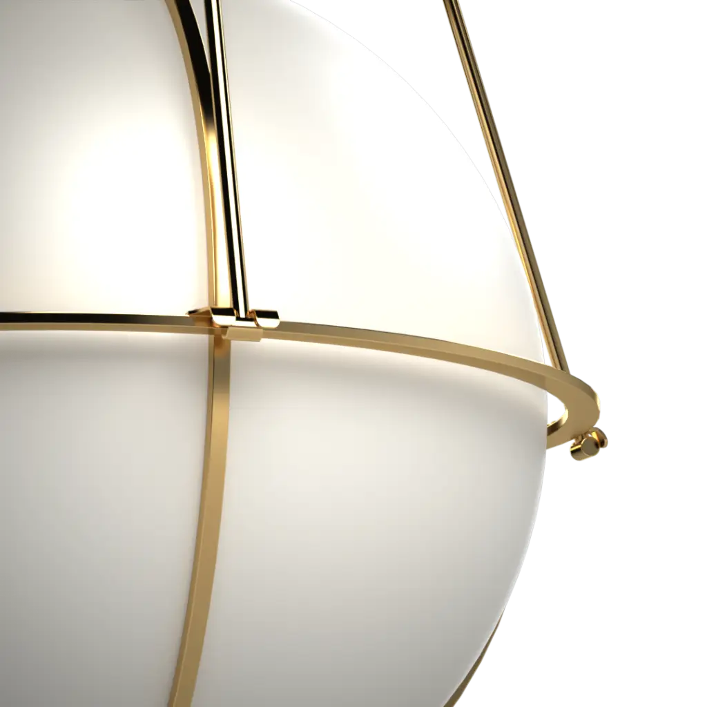 Close-up of a lamp with a white shade and gold metal frame on a white background