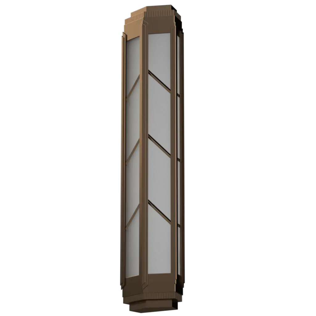 Tall rectangular outdoor light fixture with glass panels on a white background