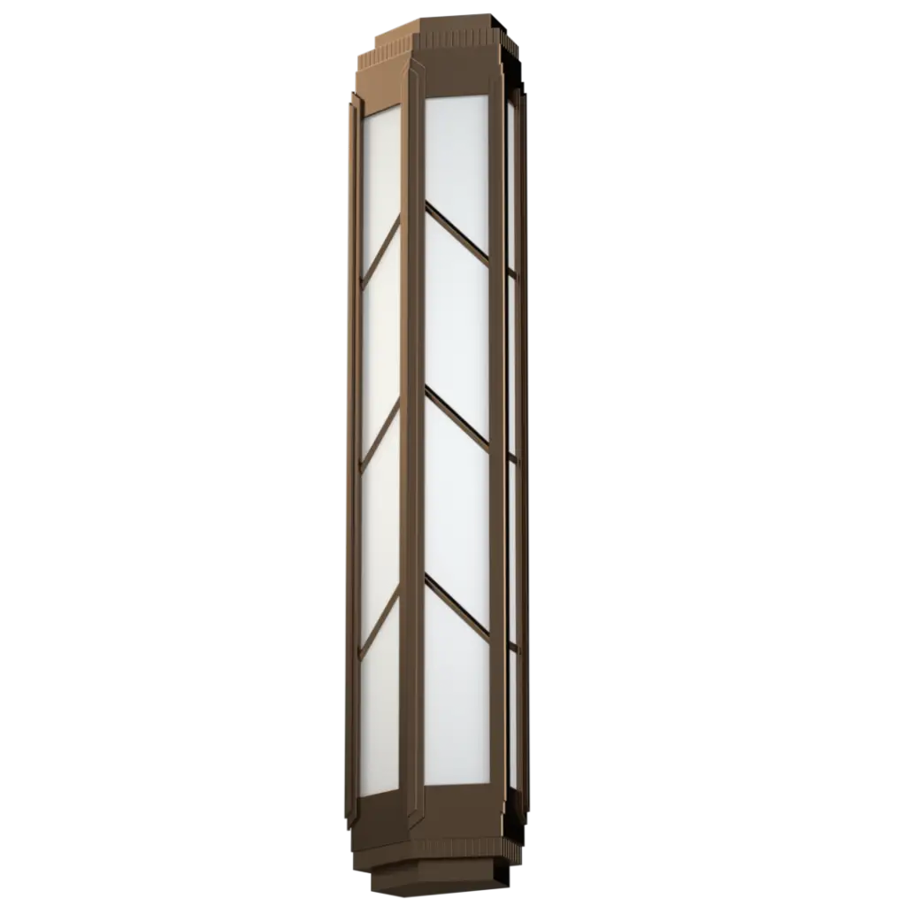 Tall rectangular outdoor light fixture with a brown frame on a white background