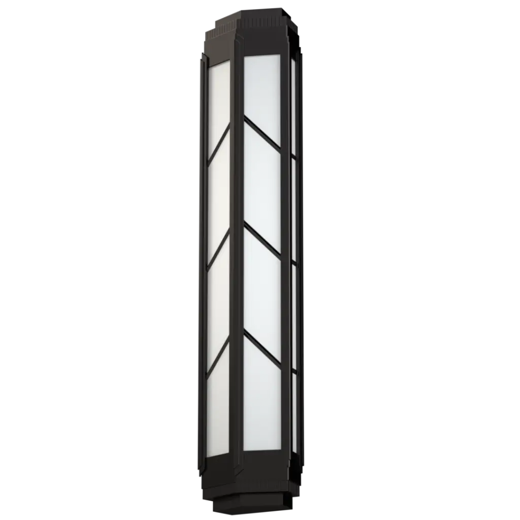 Tall outdoor wall light fixture with black frame and glass panels on a white background