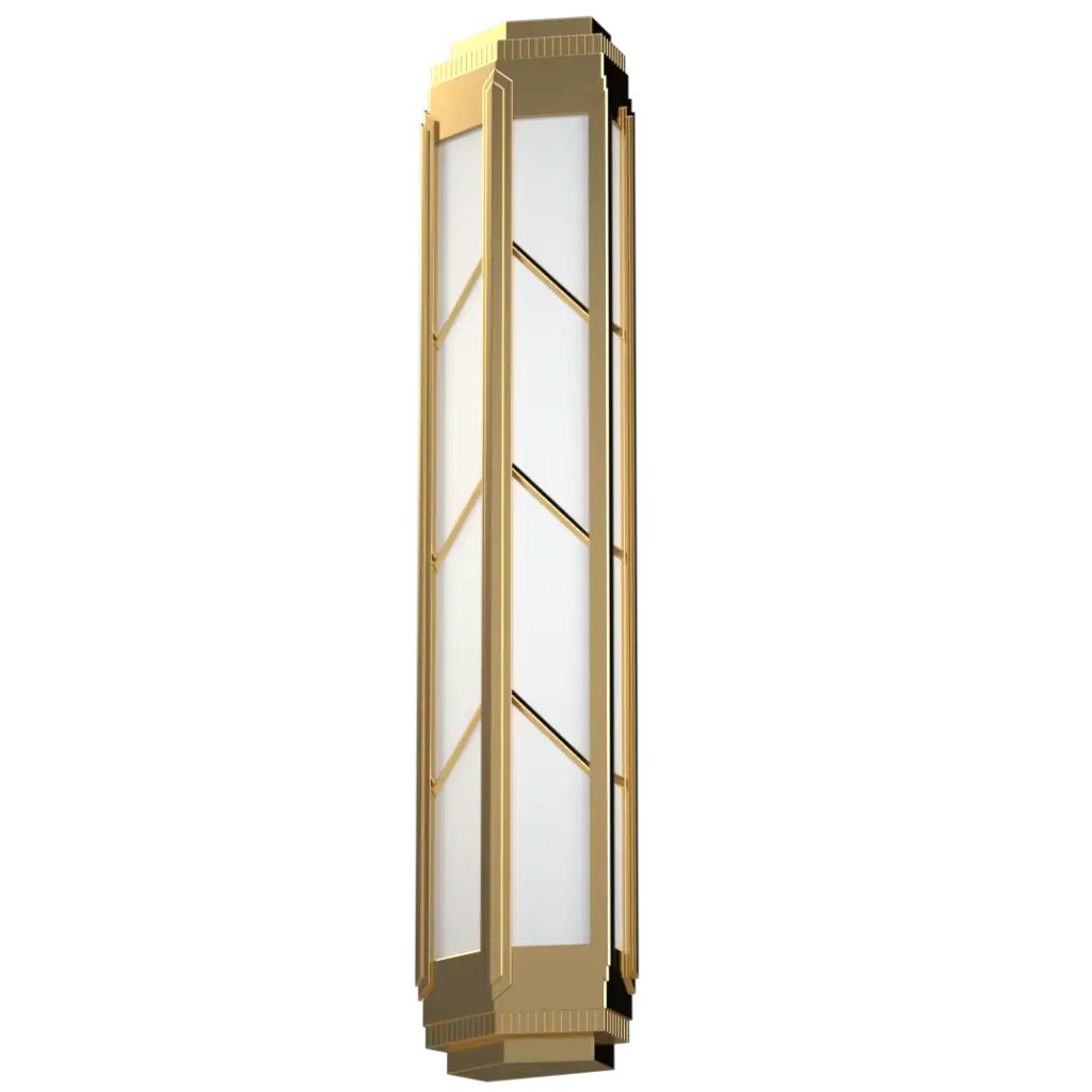 Decorative wall light fixture with gold frame and glass panels on a white background