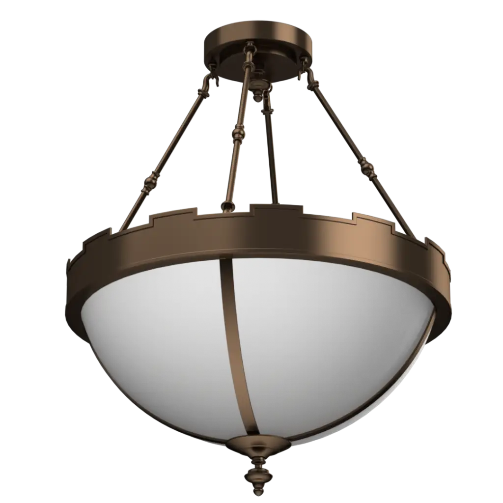Bronze pendant light fixture with white glass on a white background