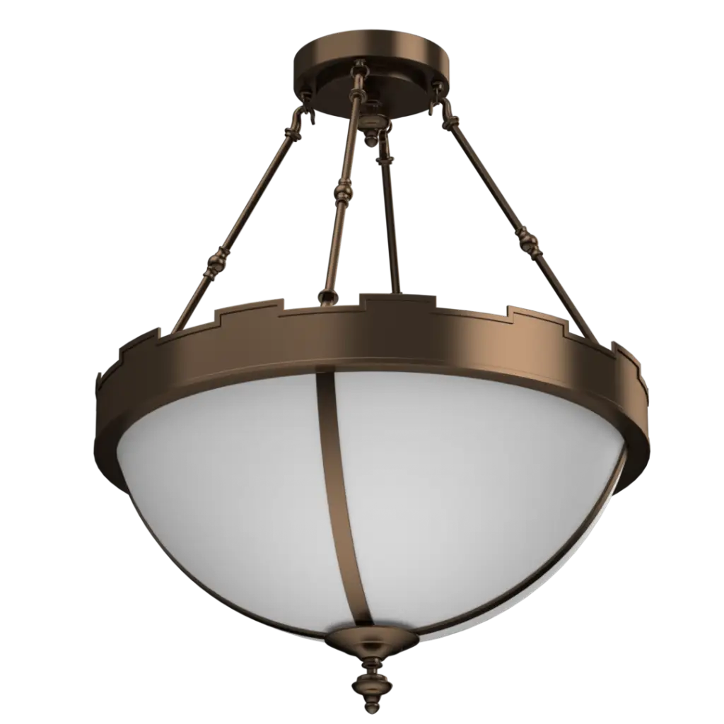 Bronze pendant light fixture with white glass on a white background