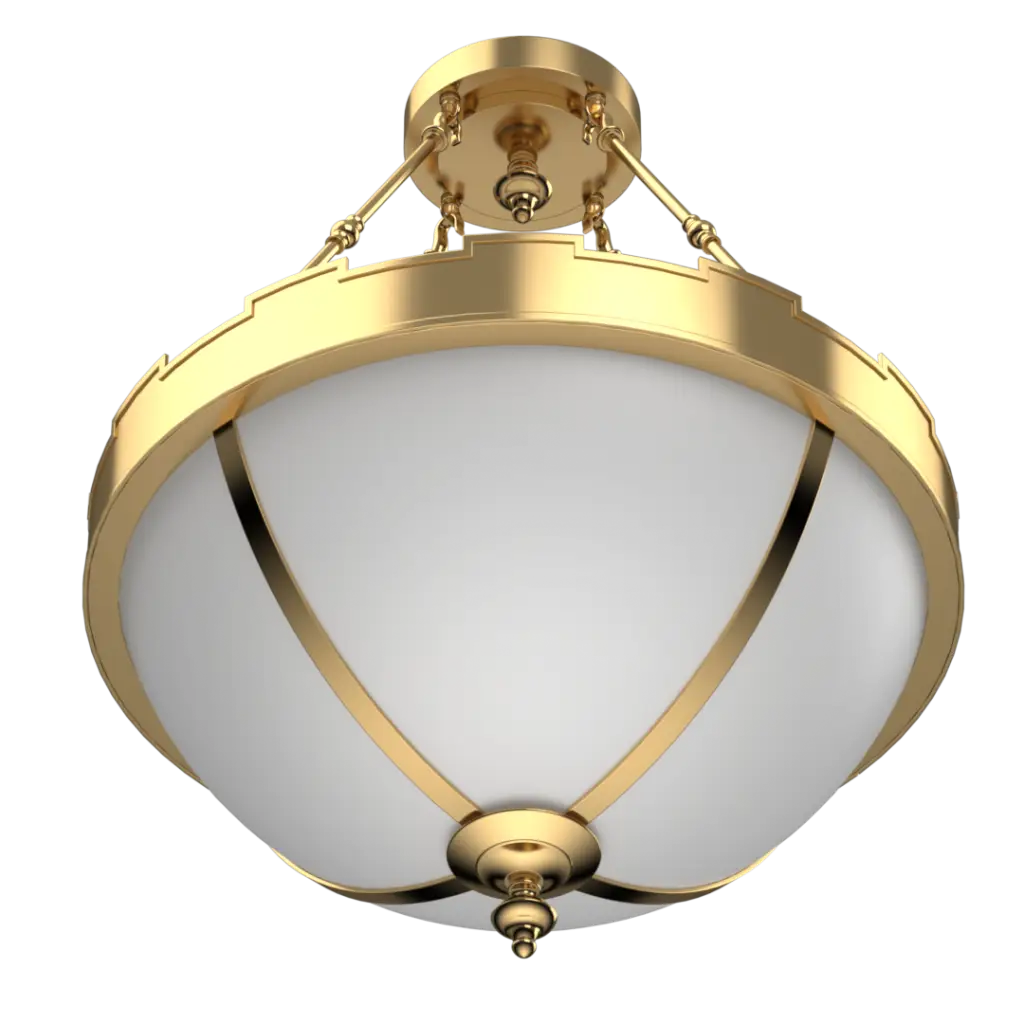 Gold-framed ceiling light fixture with white glass on a white background