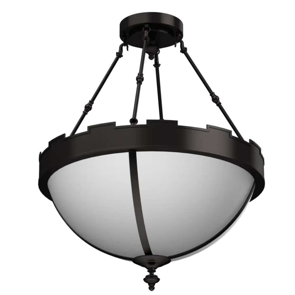 Black pendant light fixture with white glass shade on a white background
