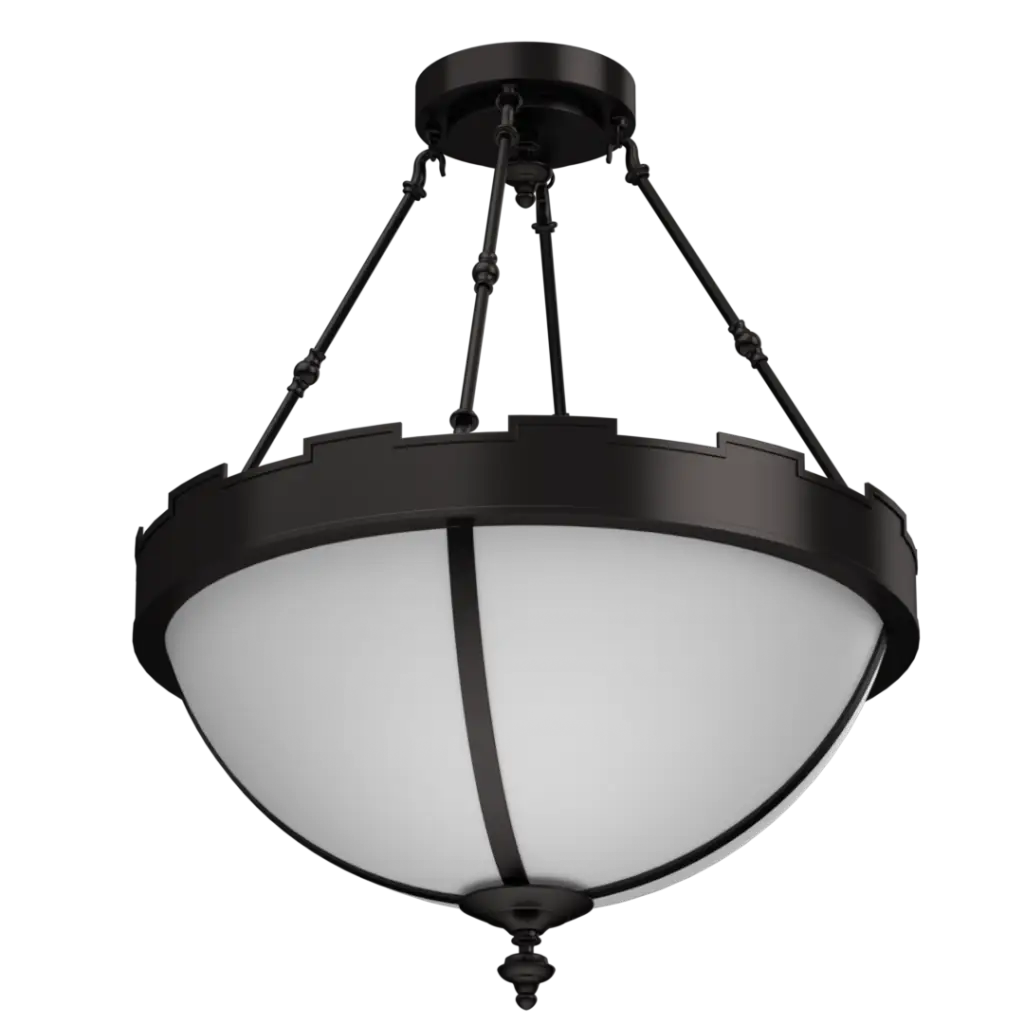 Black pendant light fixture with white glass on a white background