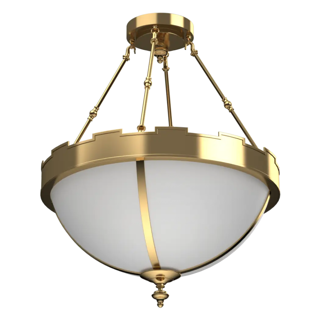 Gold ceiling light fixture with white glass on a white background