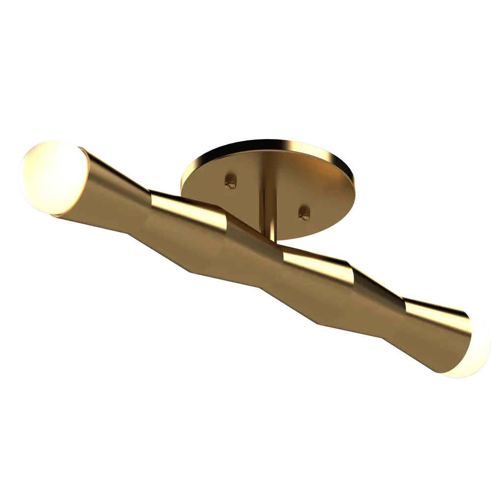 Modern gold ceiling mount light fixture with a white light bulb on a white background