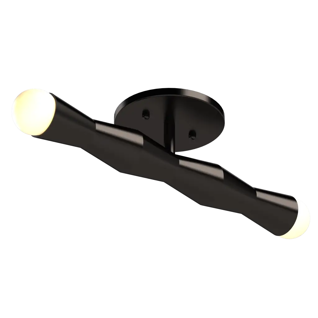 Modern black ceiling mount light fixture with a white light bulb on a white background