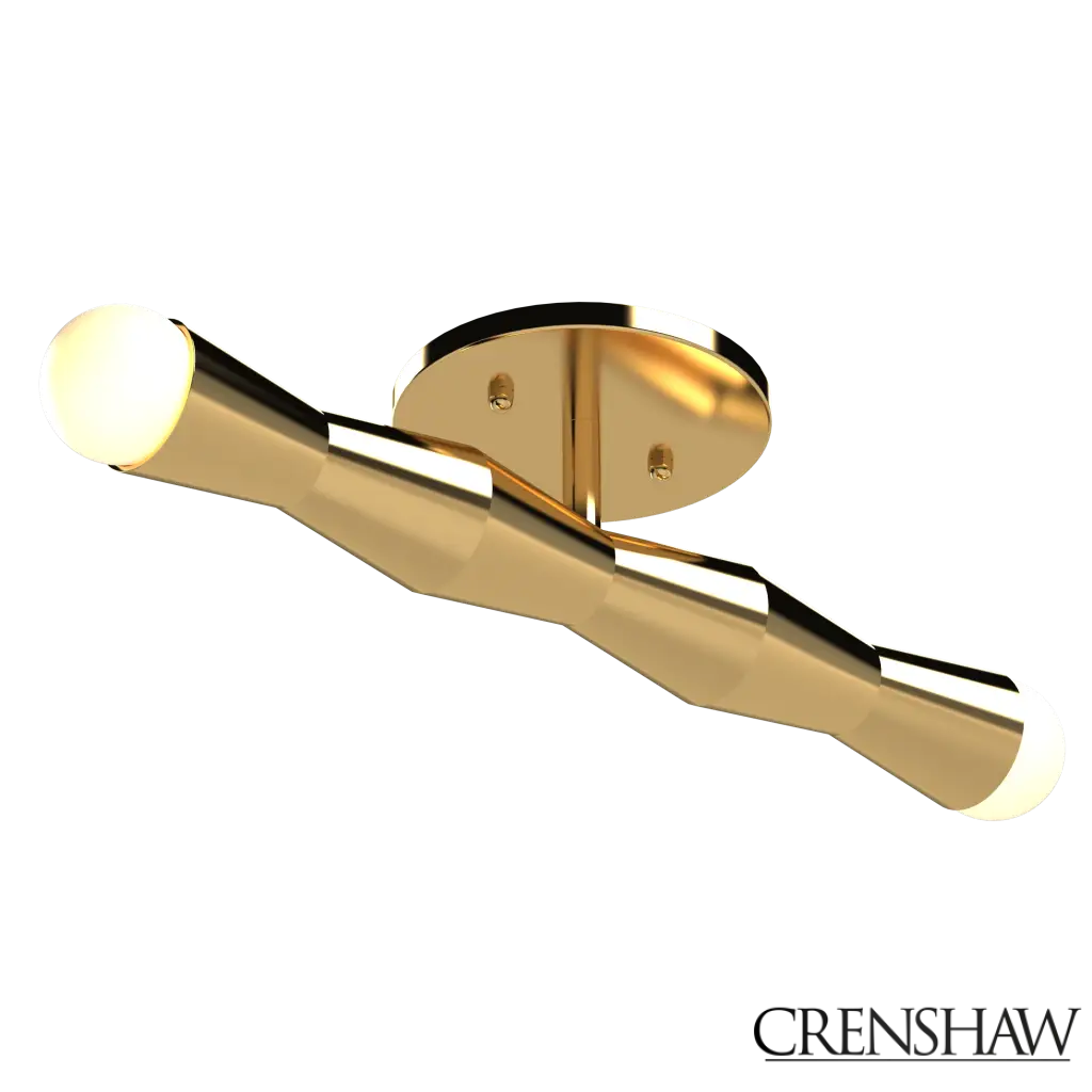 Gold ceiling mount light fixture with a white light bulb on a white background