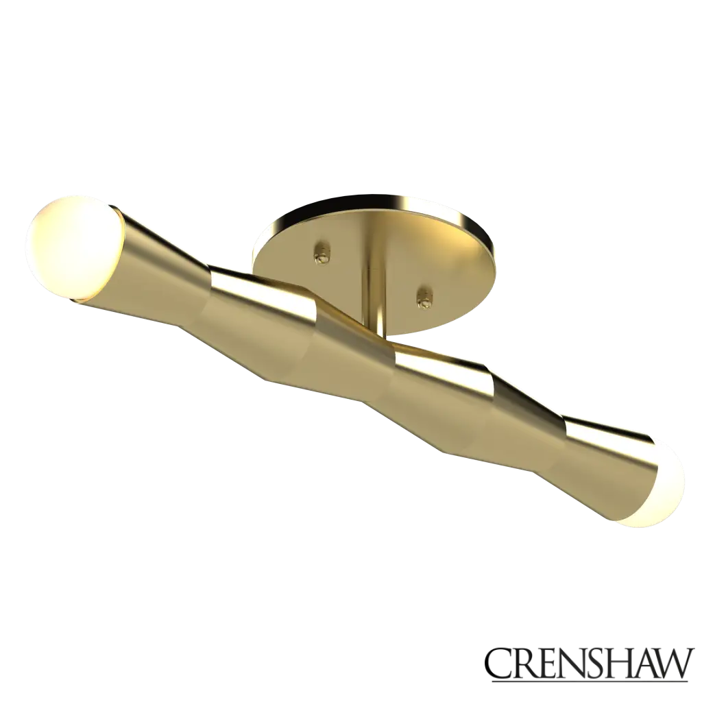 Modern gold ceiling mount light fixture with a white light bulb on a white background