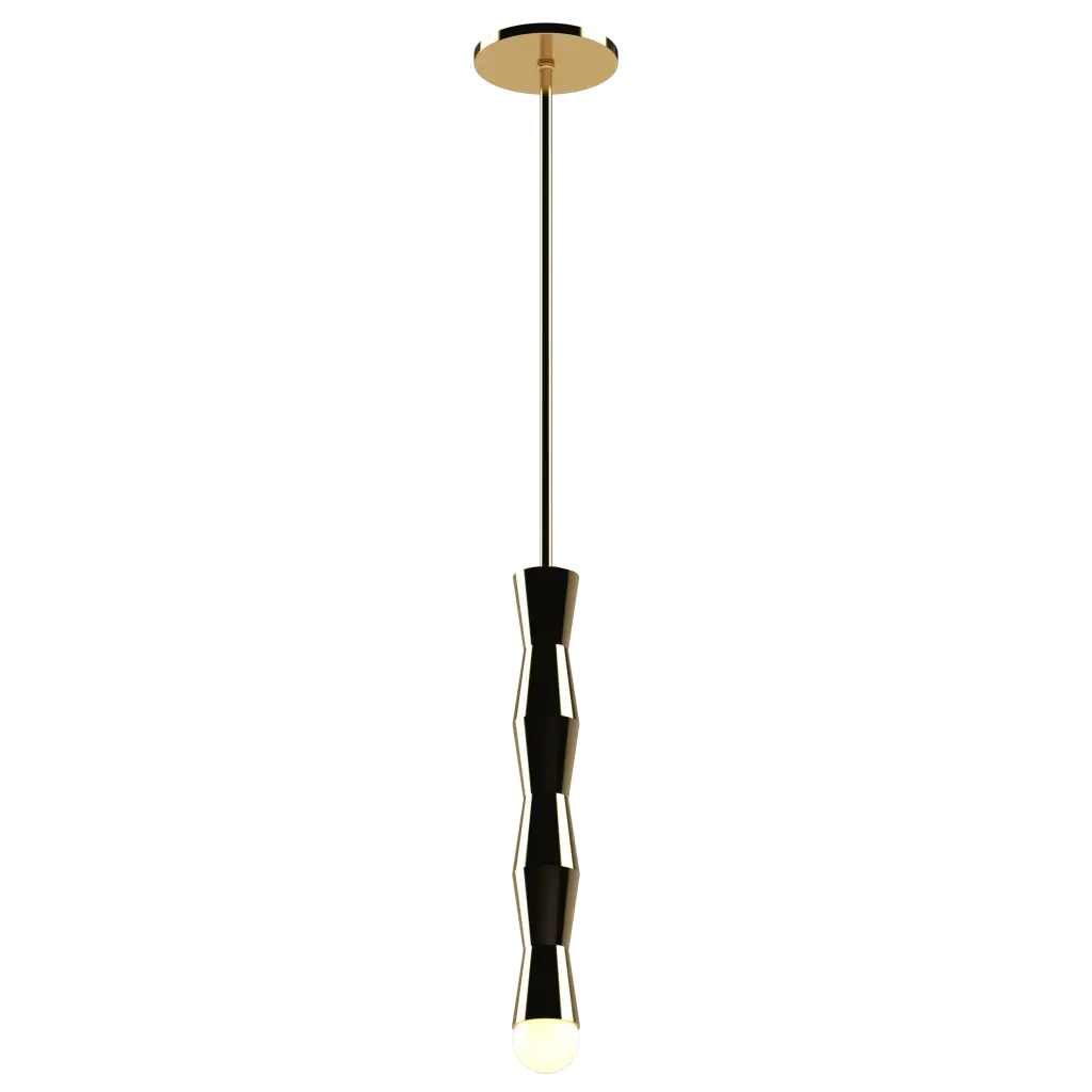 Modern pendant light with black and gold design on a white background