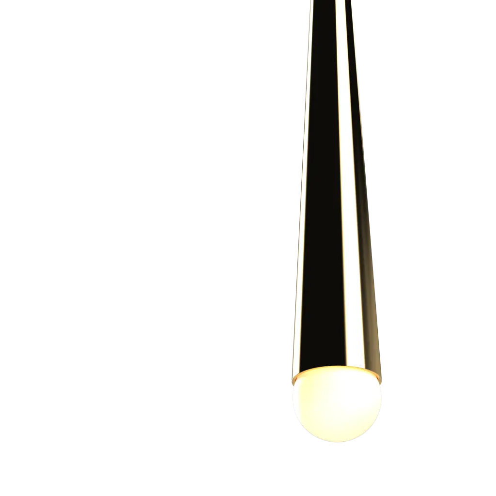 Modern pendant light with black cylindrical shade and white bulb on a white background