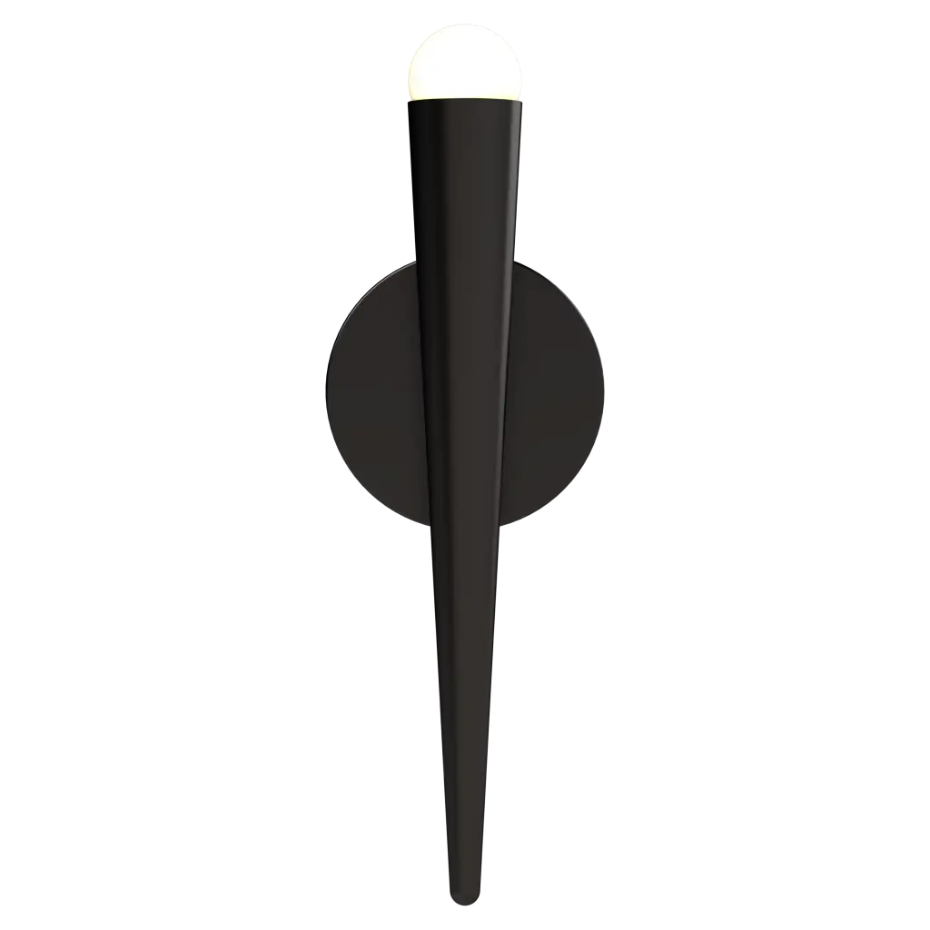 Black wall sconce with a long, thin arm on a white background