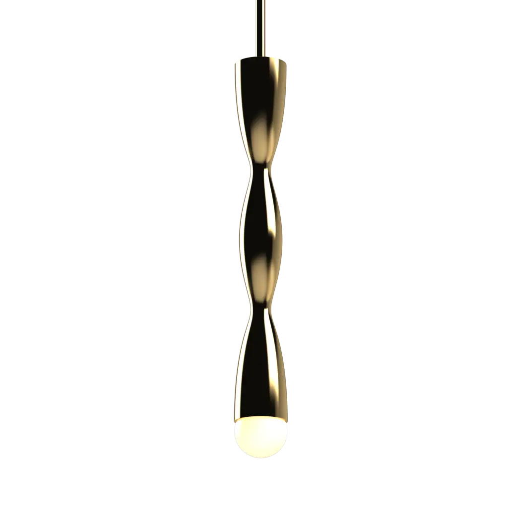 Modern pendant light with a gold finish on a white background