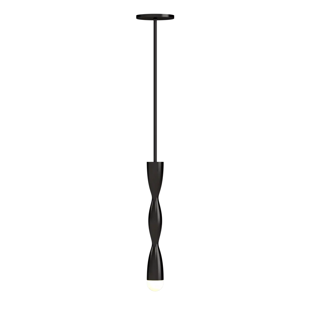 Black pendant light with a twisted design on a white background