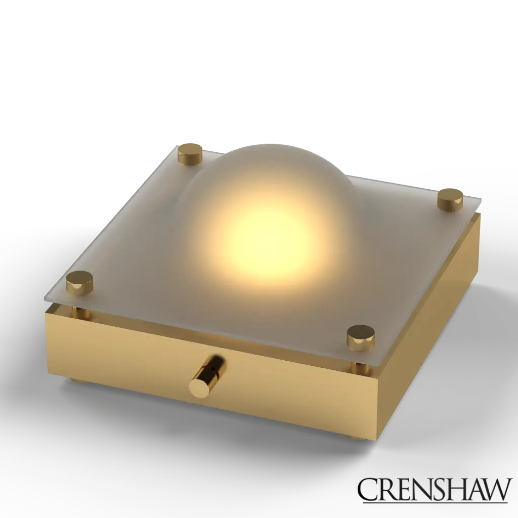 Gold square light fixture with a glowing center on a white background